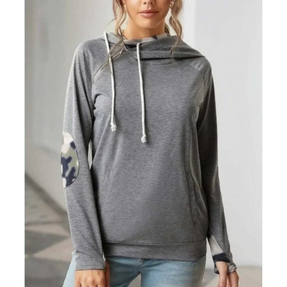 Gray Double Hooded Sweatshirt with Camo Elbow Patch and Inner Hooded 2XL - Picture 1 of 11